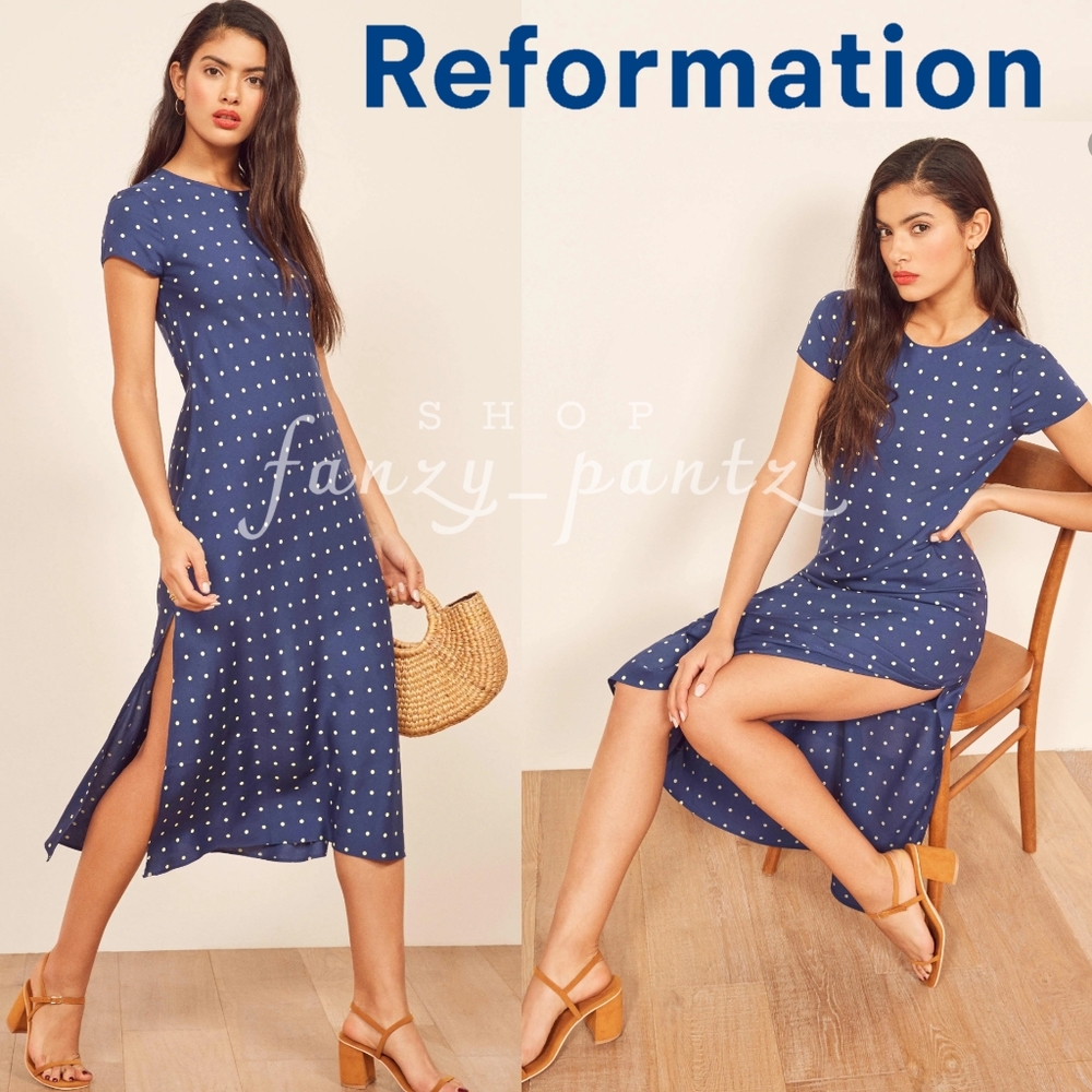 Reformation Jennifer Midi Dress Polka Dot in Navy